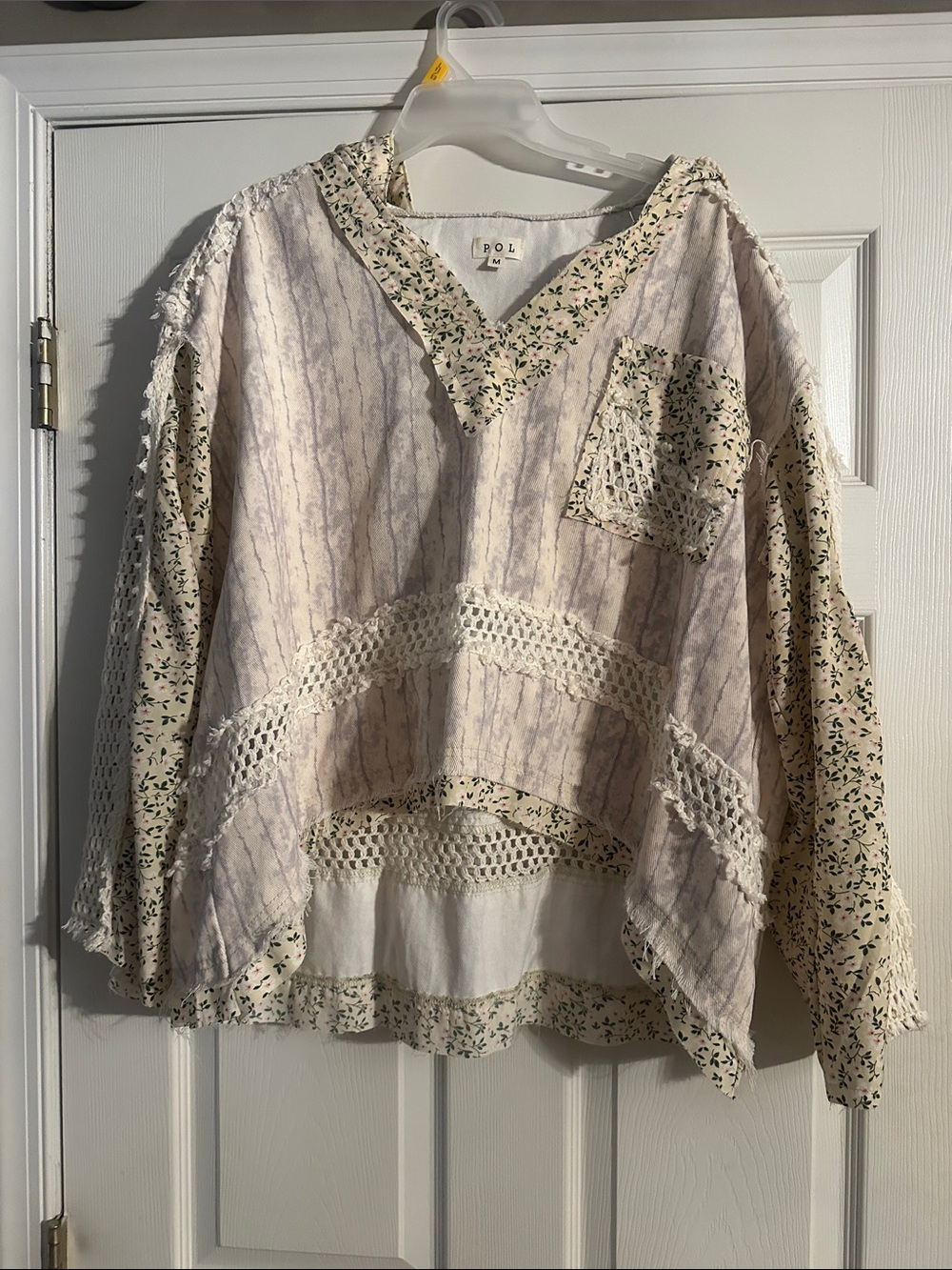 POL Boho Crochet-Trim Patchwork V-Neck Tunic in Cream and Light Purple